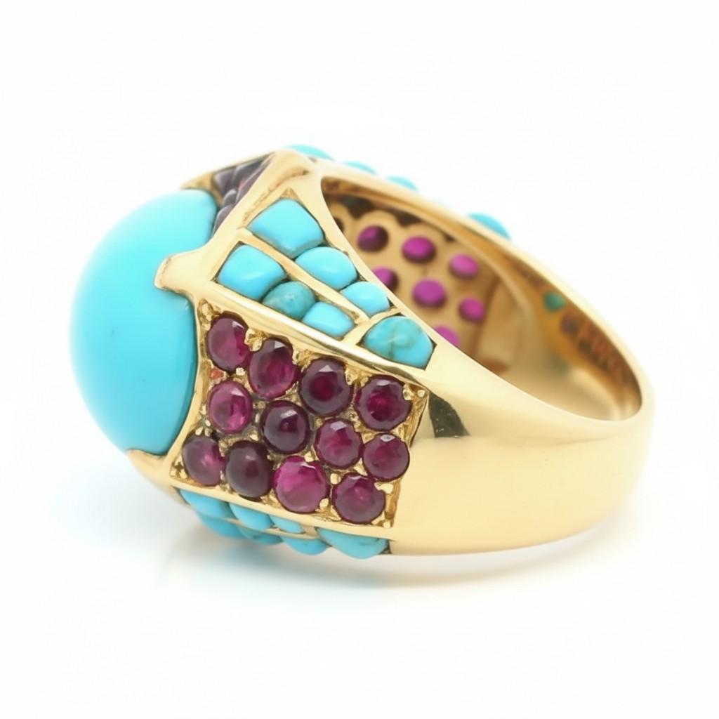 French 1940s Turquoise and Ruby Geometric Ring
