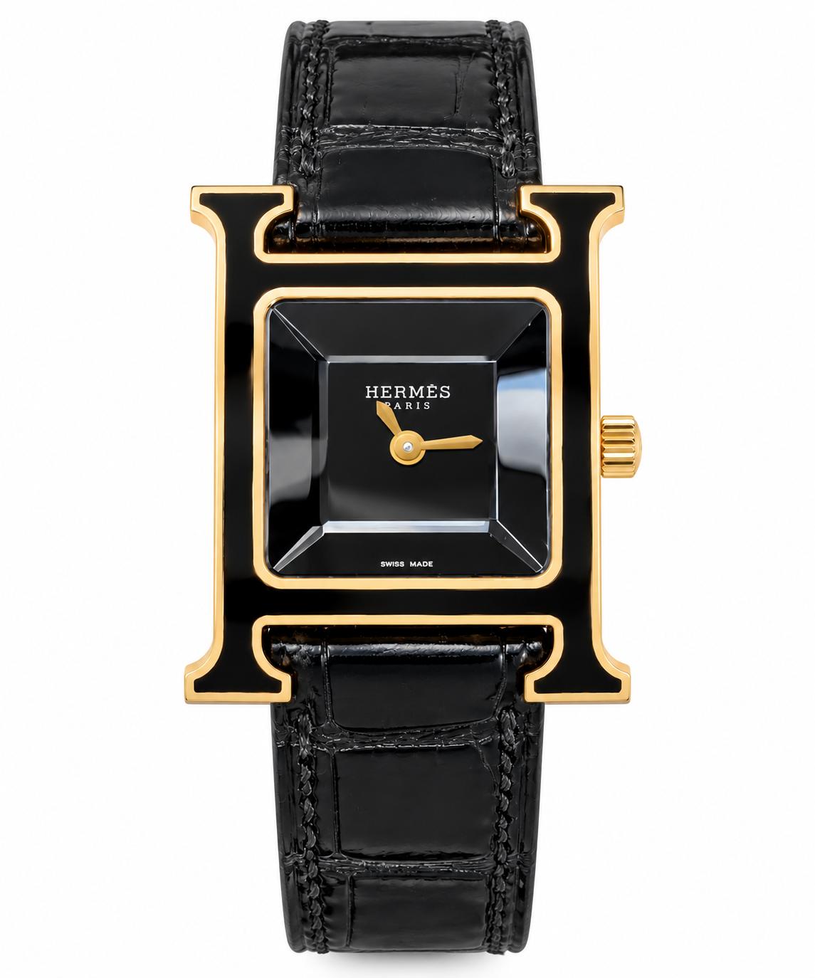 Hermès Heure H Black Enamel Watch in 18K Rose Gold, 1990s