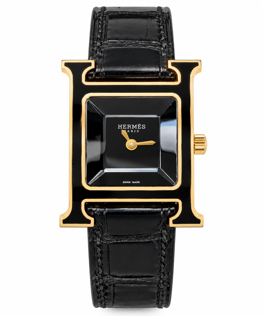 Hermès Heure H Black Enamel Watch in 18K Rose Gold, 1990s