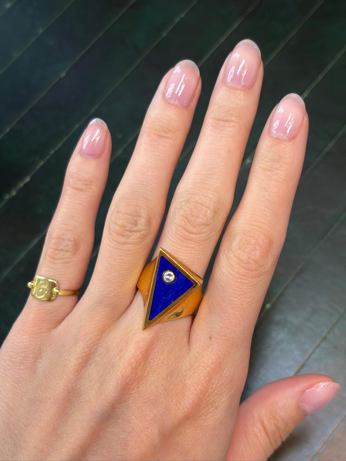 Geometric Lapis Lazuli and Diamond Ring in 18K Gold