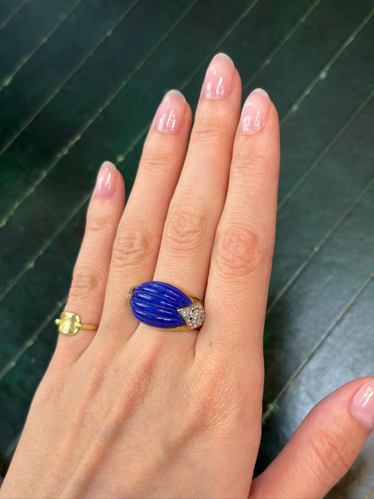 Fluted Lapis Lazuli and Diamond Bombé Ring in 14K Gold