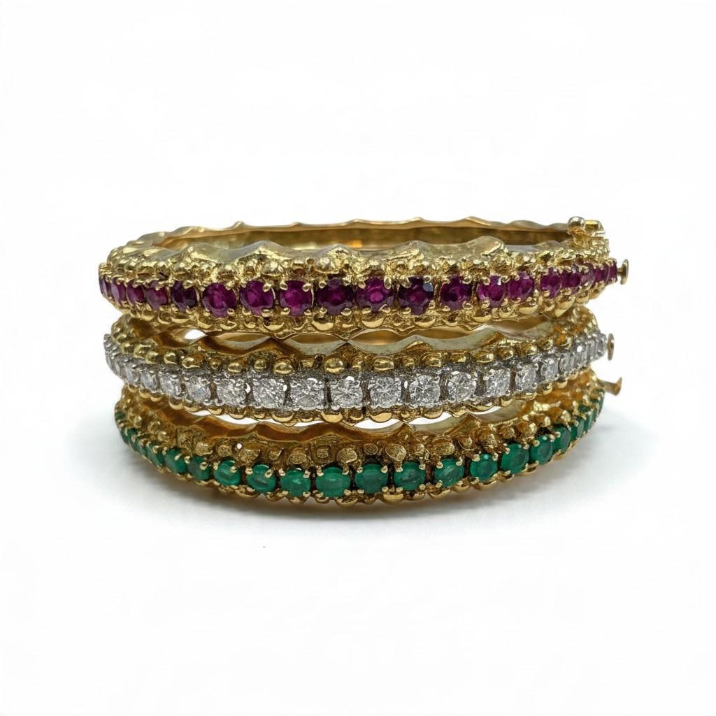 Ruby, Diamond and Emerald 18K Gold Bangle Bracelet Set