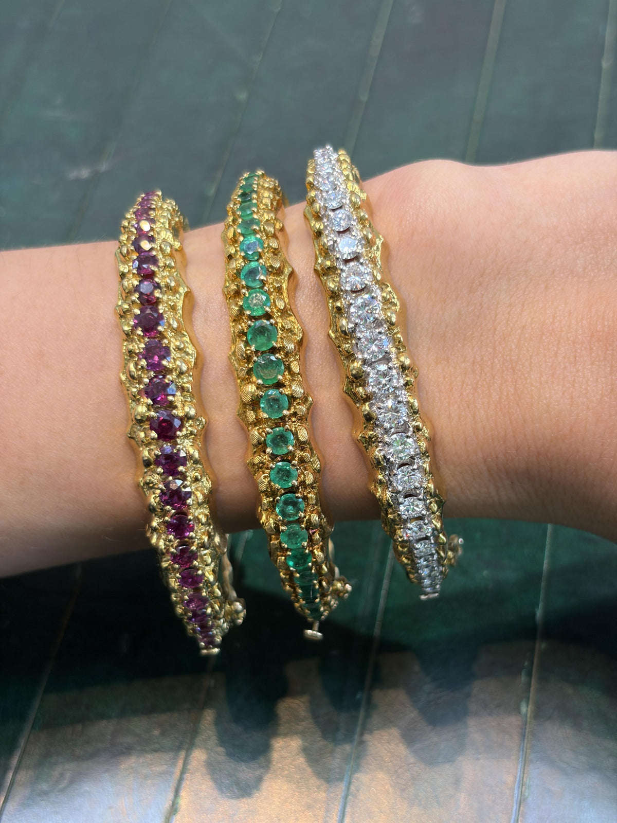 Ruby, Diamond and Emerald 18K Gold Bangle Bracelet Set