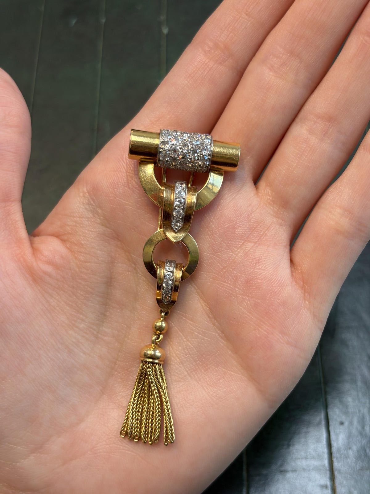 French Retro Gold, Platinum and Diamond Tassel Brooch