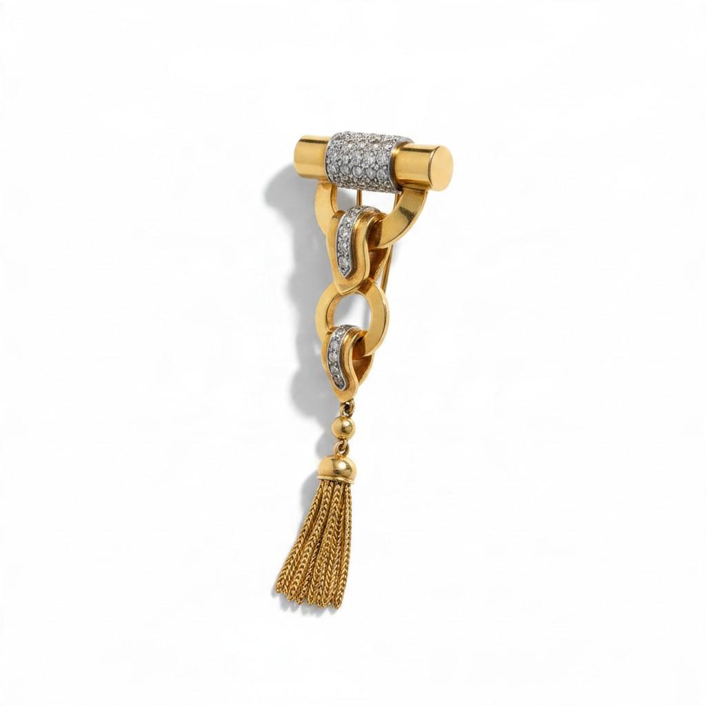 French Retro Gold, Platinum and Diamond Tassel Brooch
