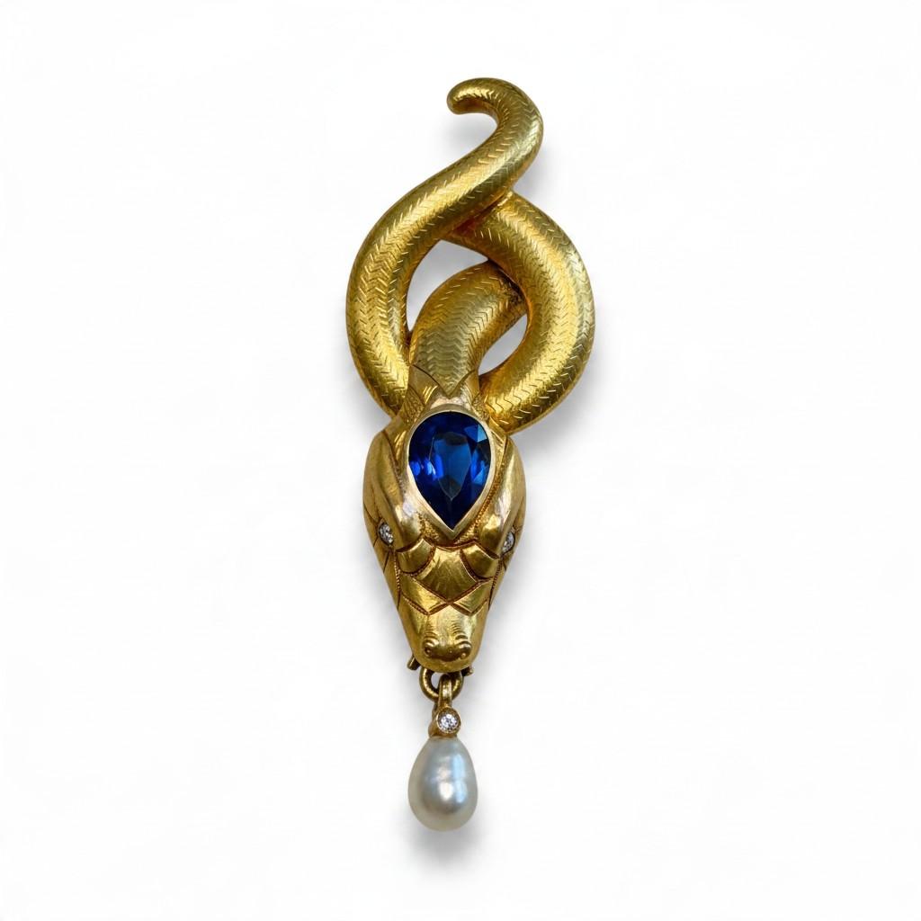Victorian Sapphire, Diamond and Pearl Serpent Brooch