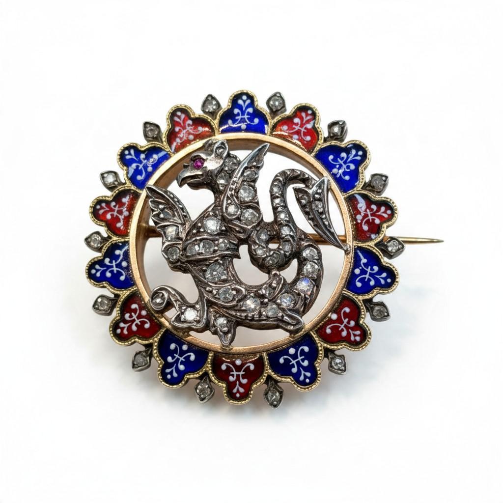 French Dragon Brooch in Enamel, Diamond, Silver, and Gold