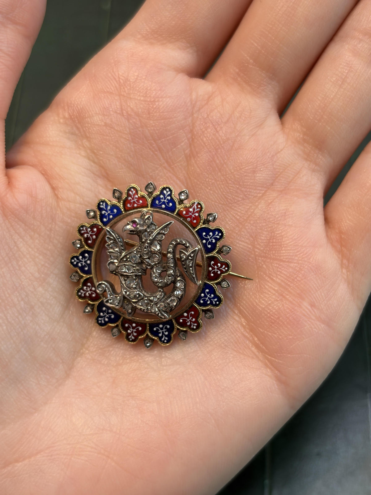 French Dragon Brooch in Enamel, Diamond, Silver, and Gold