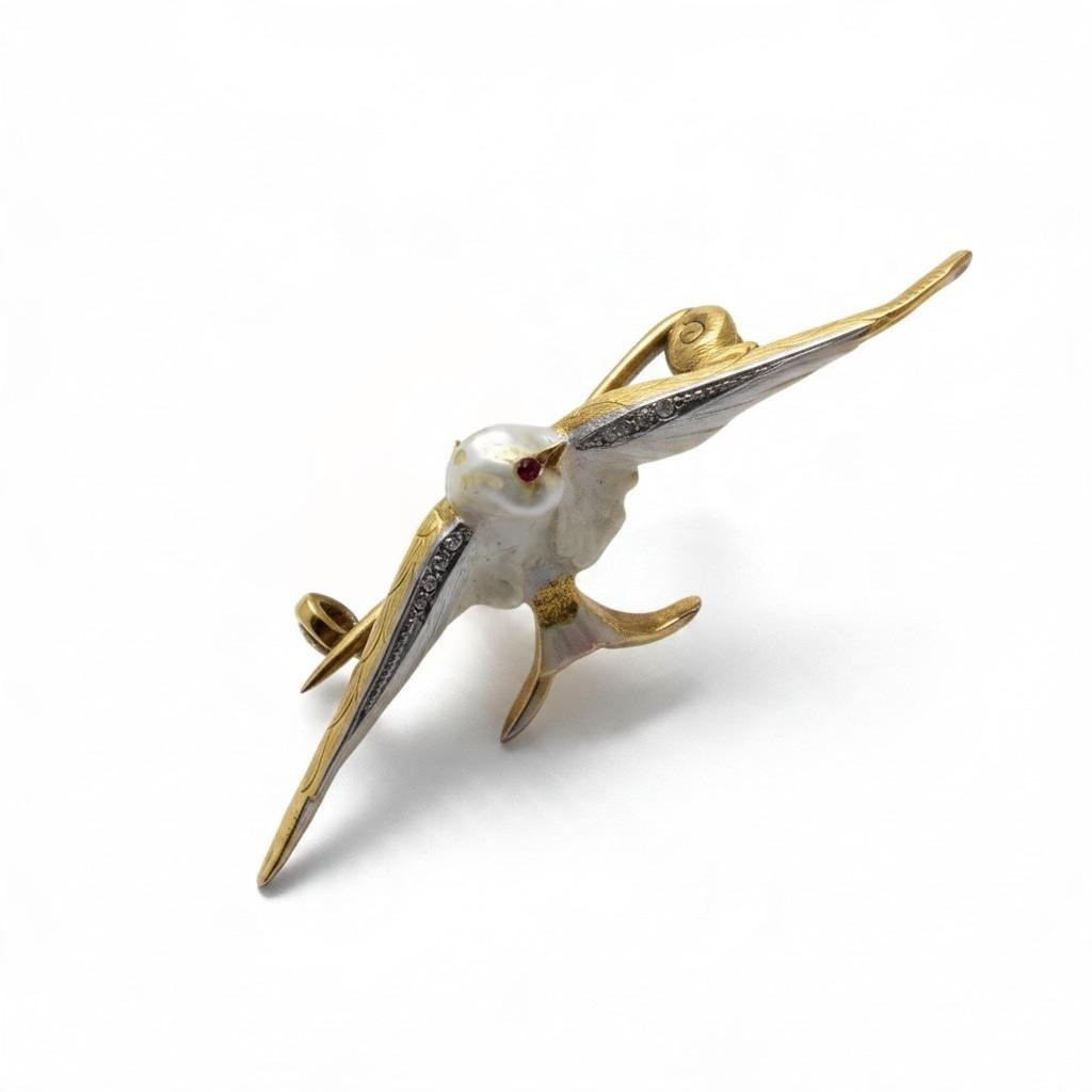 Art Nouveau Gold, Enamel, Ruby and Diamond Swallow Brooch