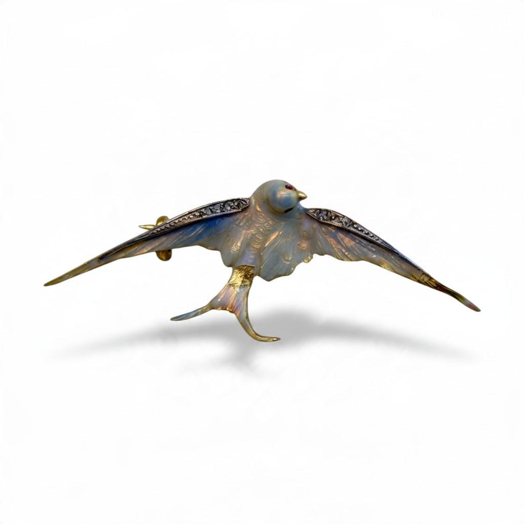 Art Nouveau Gold, Enamel, Ruby and Diamond Swallow Brooch