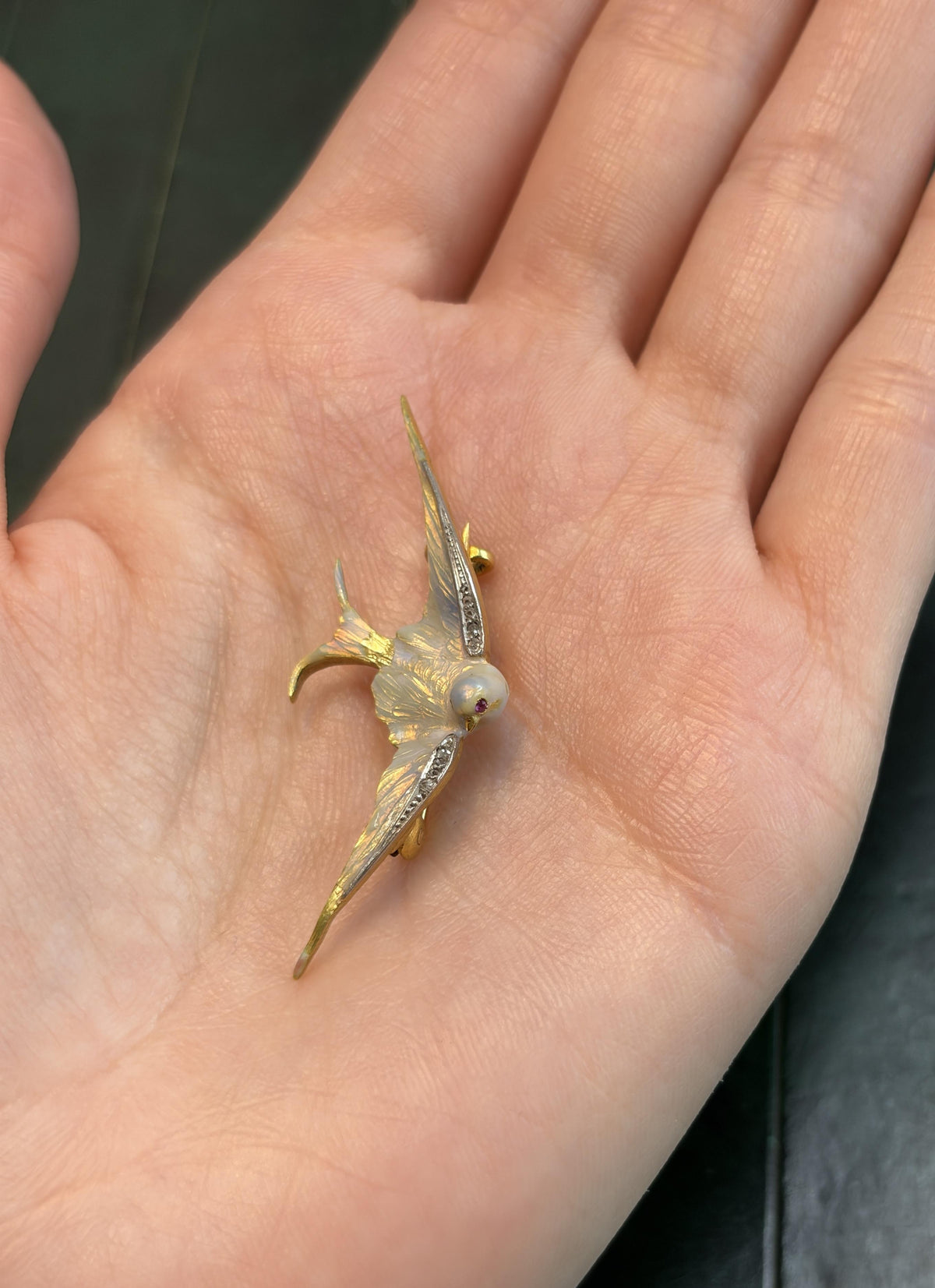 Art Nouveau Gold, Enamel, Ruby and Diamond Swallow Brooch
