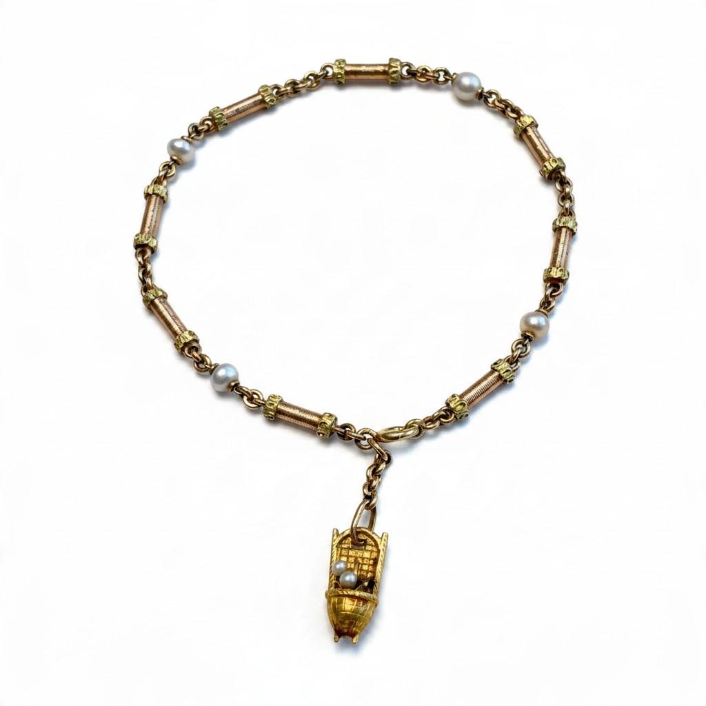 Antique Swiss Gold and Pearl Charm Bracelet