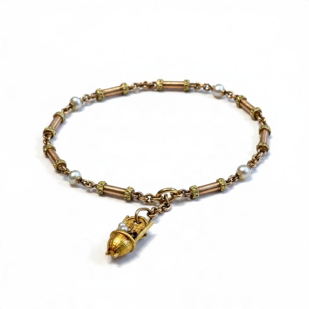 Antique Swiss Gold and Pearl Charm Bracelet