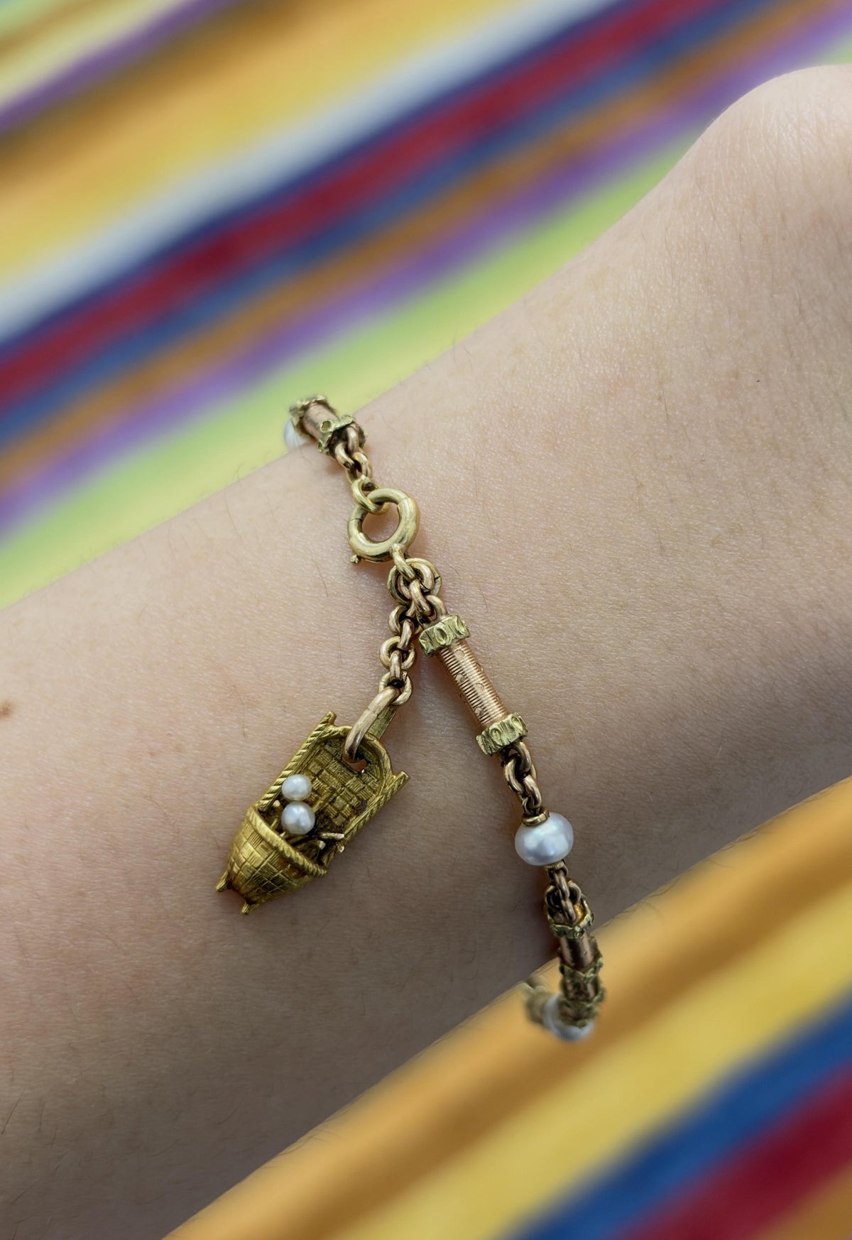Antique Swiss Gold and Pearl Charm Bracelet