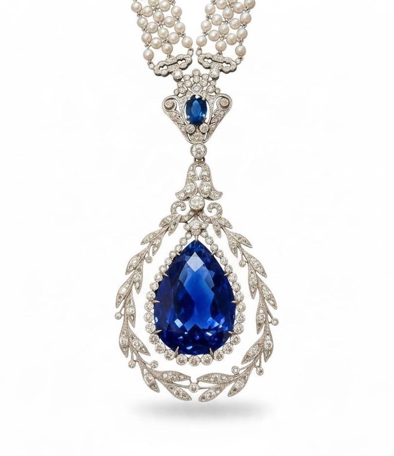 Belle Époque Sapphire, Diamond and Pearl Sautoir Necklace