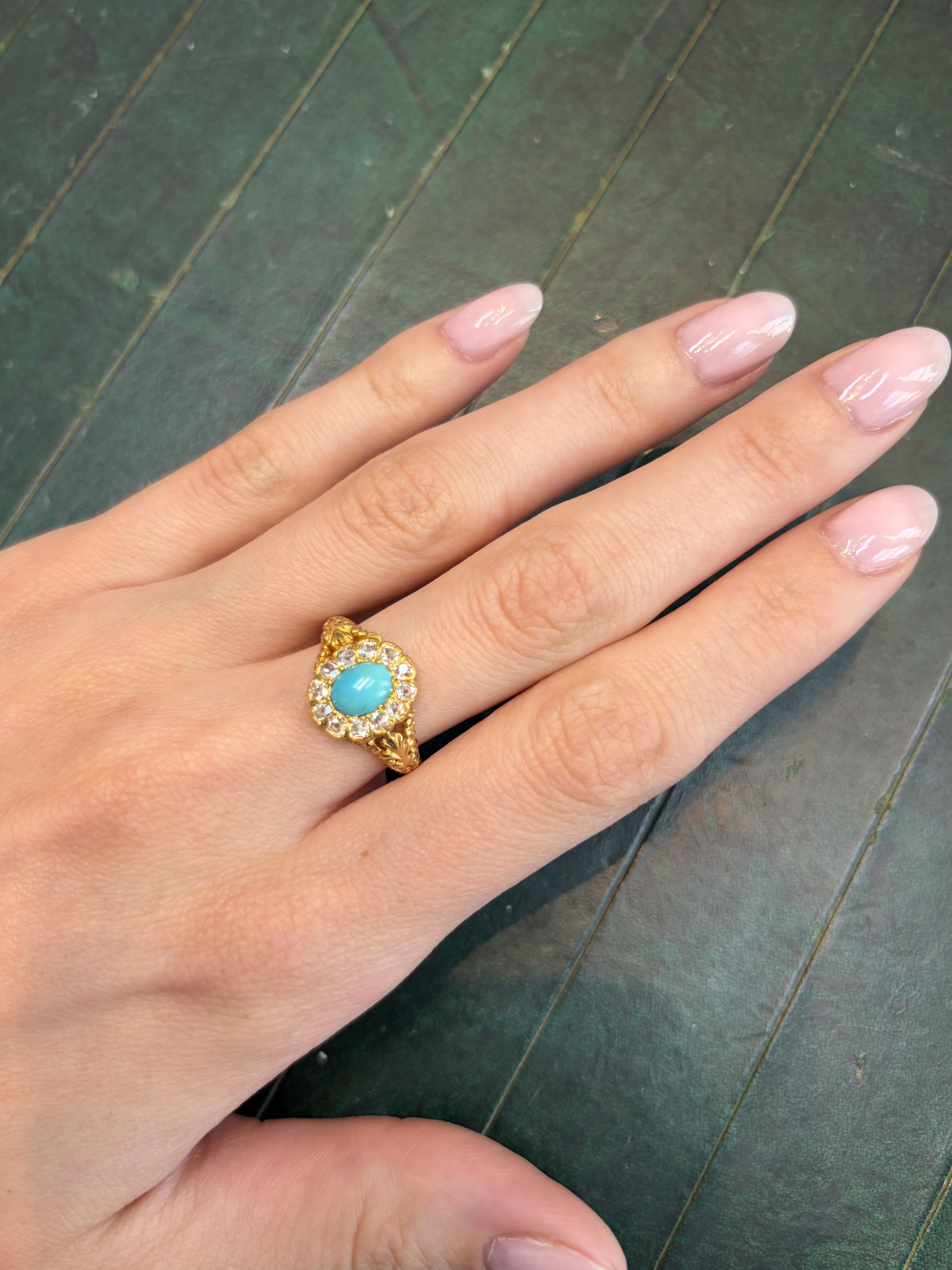 Antique French Turquoise and Diamond Halo Ring, Circa 1850, 18k Gold