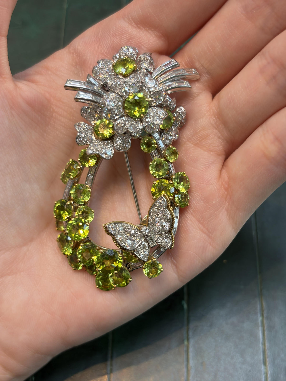 Marchak Peridot and Diamond Floral Brooch in Platinum, circa 1960, view 3