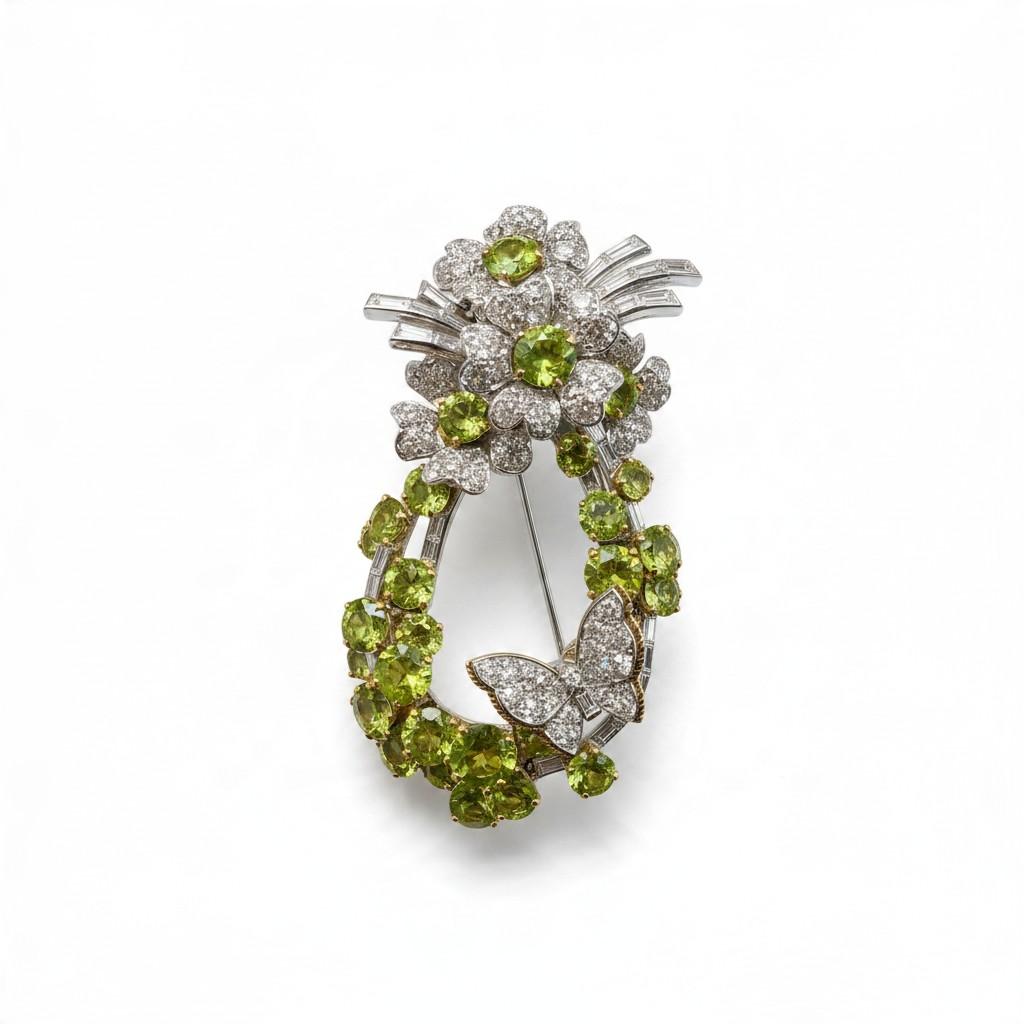 Marchak Peridot and Diamond Floral Brooch in Platinum, circa 1960