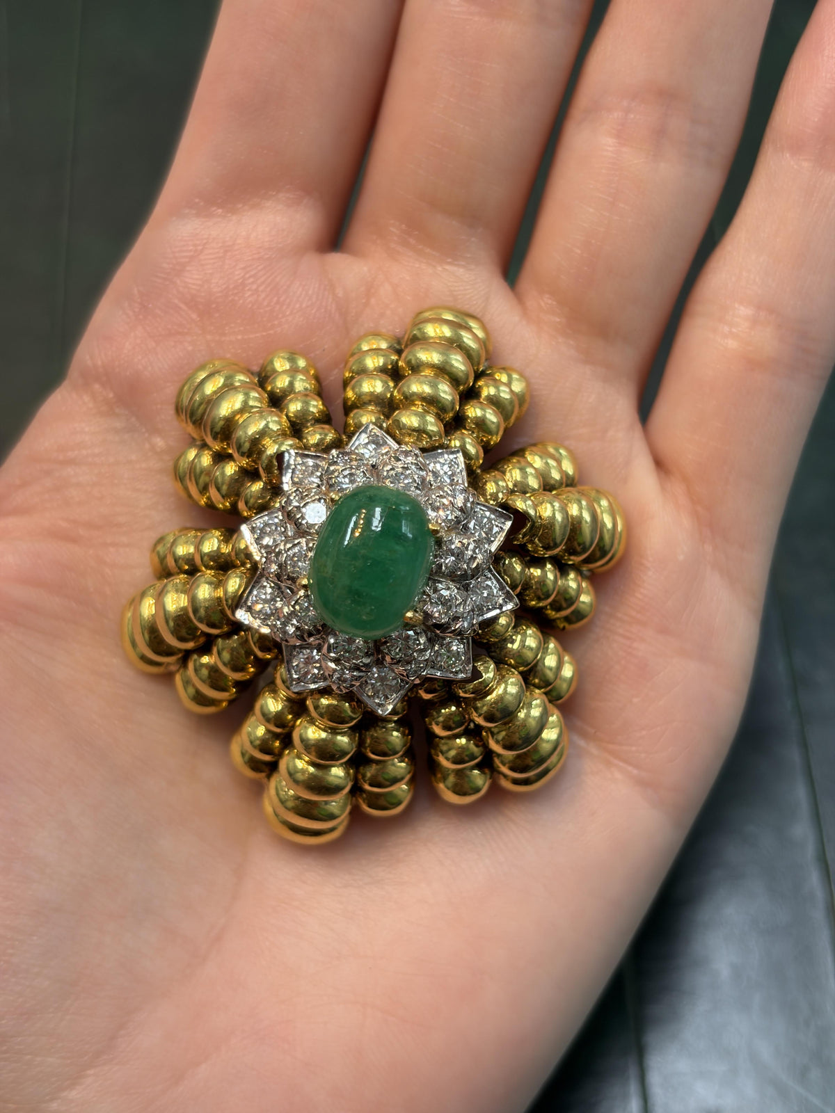 Cartier Emerald and Diamond Floral Brooch Designed by Aldo Cipullo in 18K Yellow, view 4