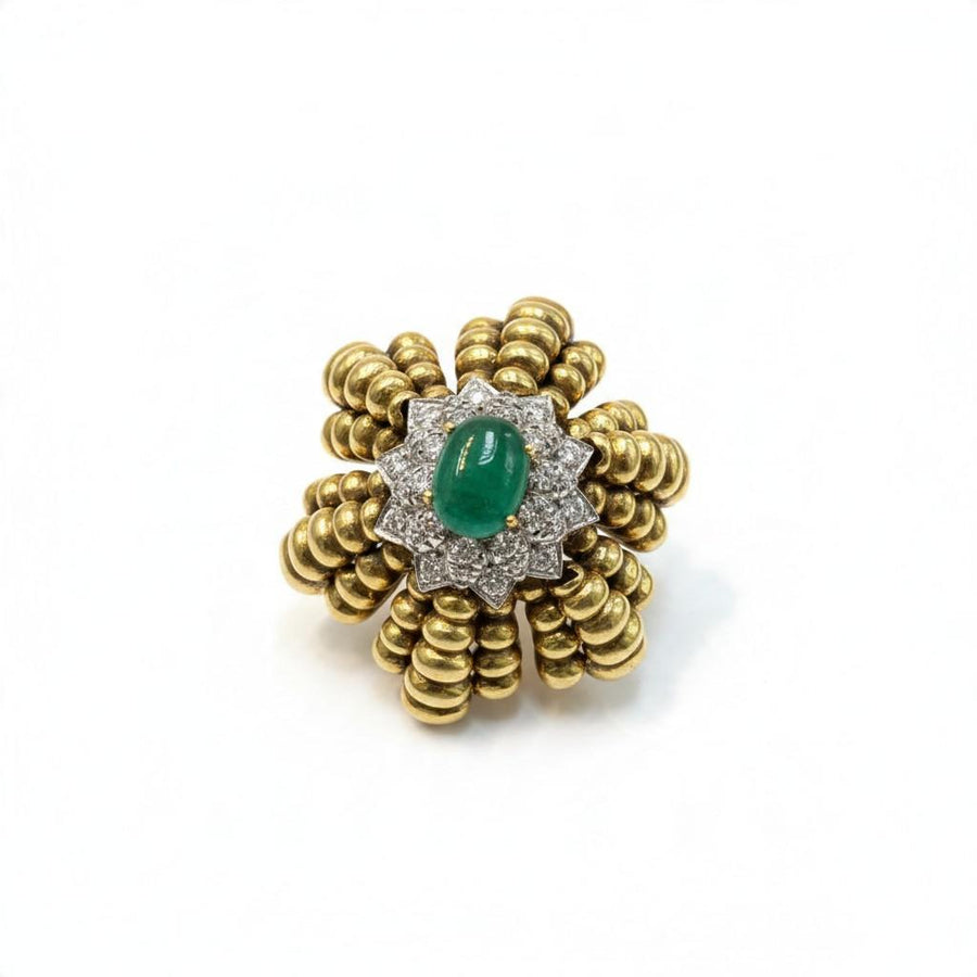 Cartier Emerald and Diamond Floral Brooch Designed by Aldo Cipullo in 18K Yellow