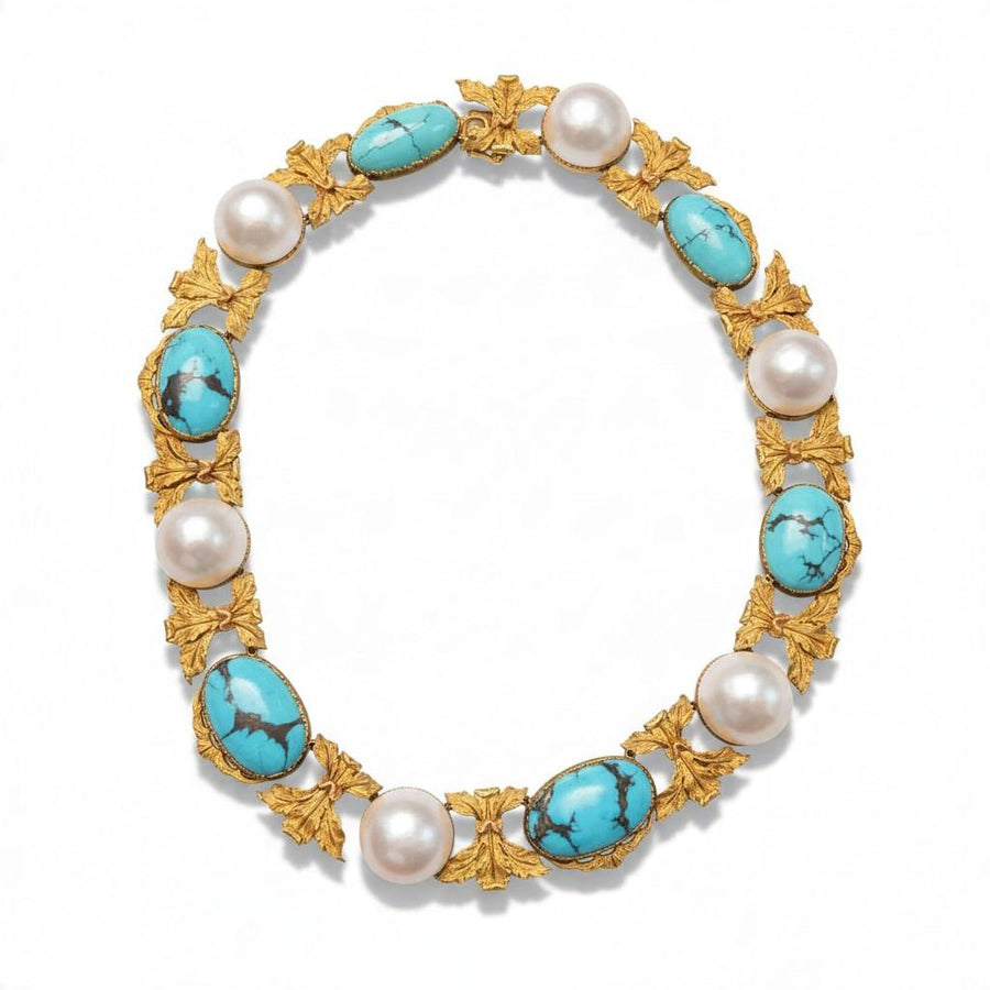 Buccellati Turquoise and Pearl Necklace in 18K Yellow Gold, 1960s