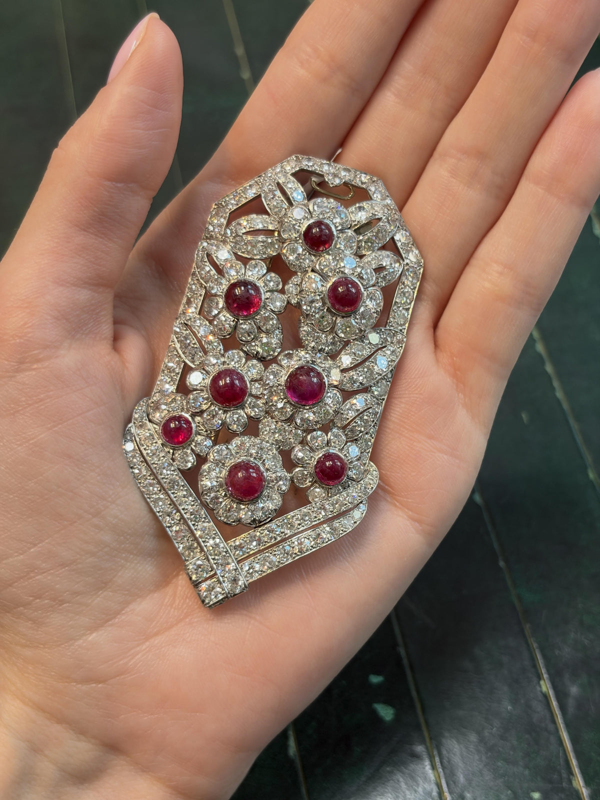 Cartier Art Deco Ruby and Diamond Floral Plaque Brooch in Platinum and 18K Gold, view 4