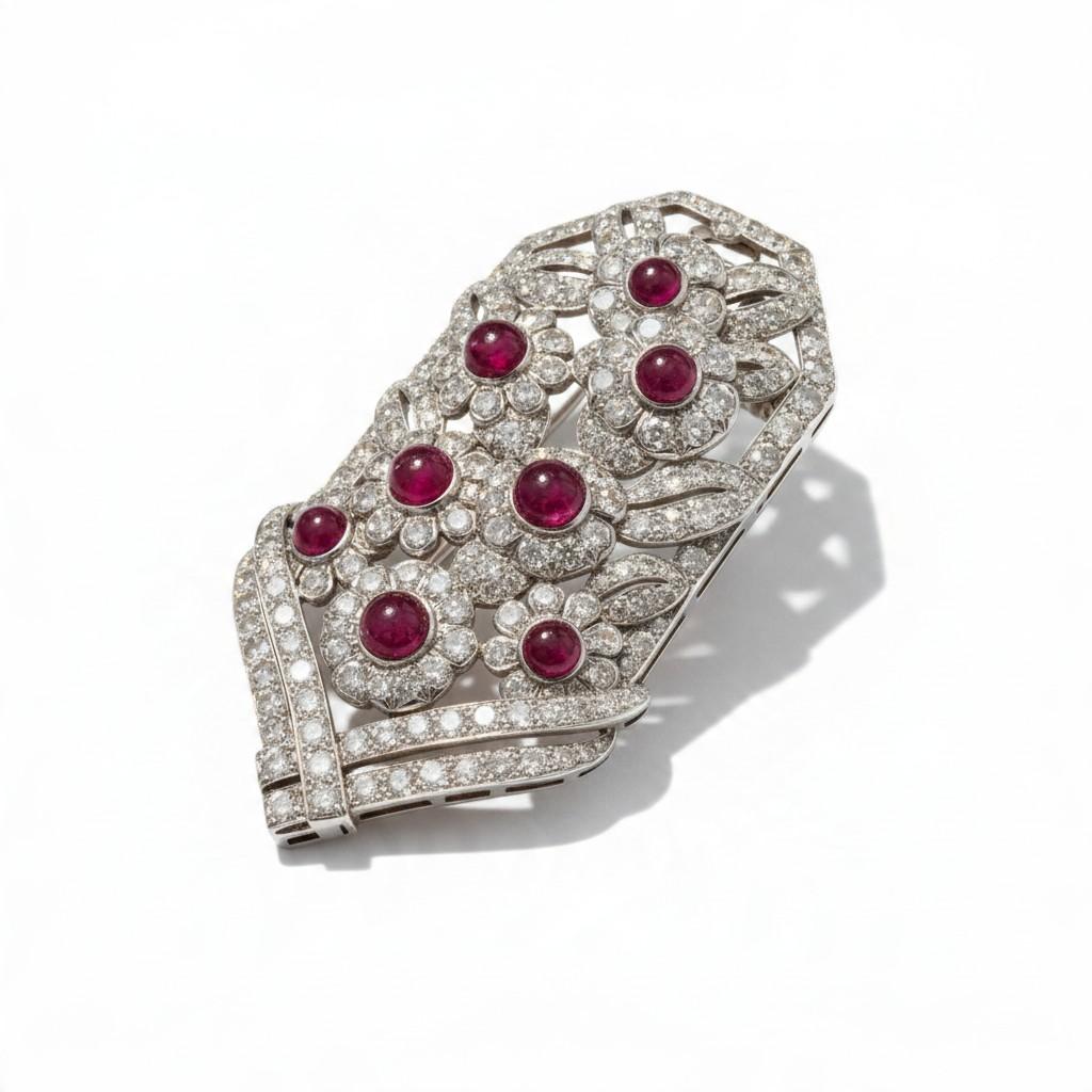 Cartier Art Deco Ruby and Diamond Floral Plaque Brooch in Platinum and 18K Gold, view 3