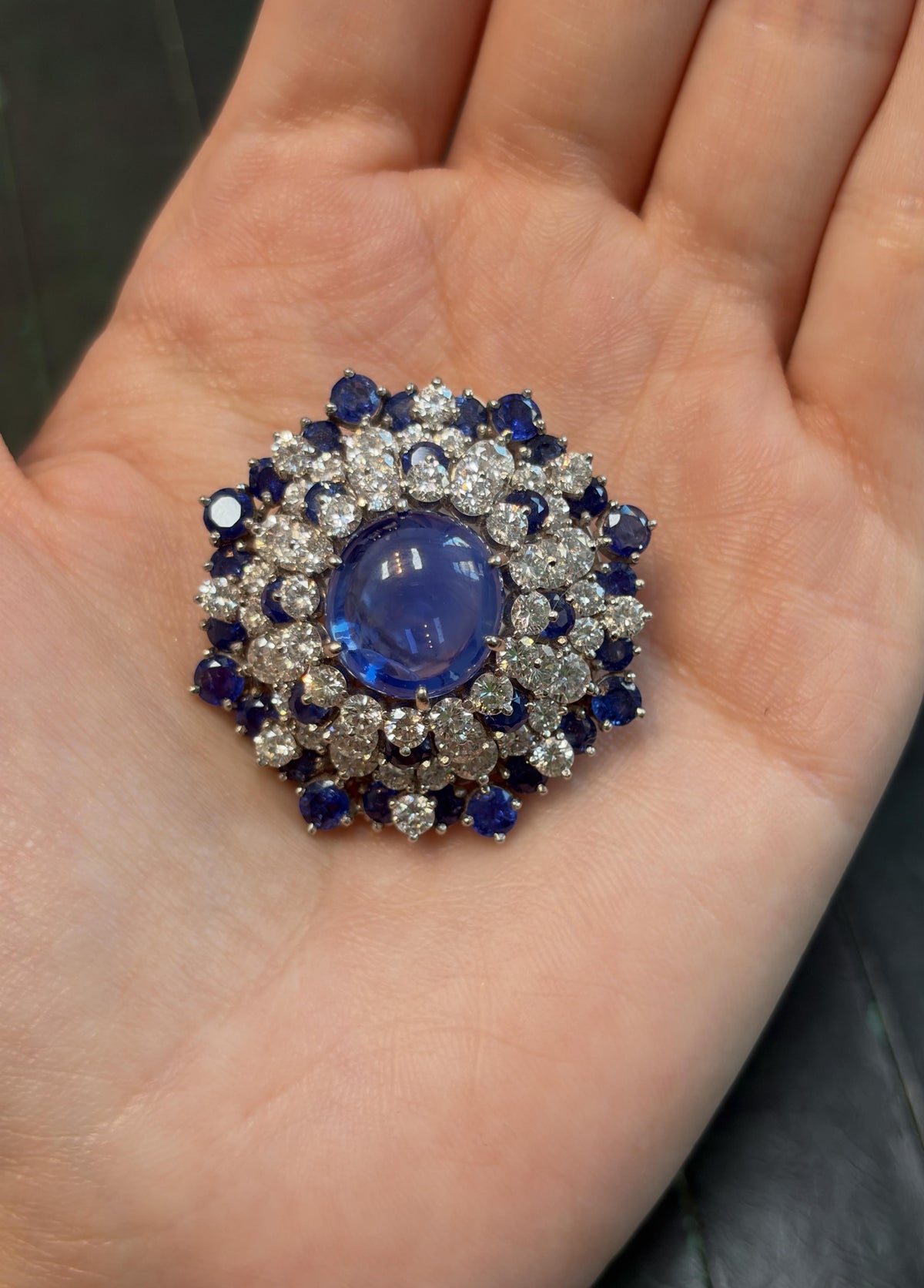 Oscar Heyman Cabochon Sapphire and Diamond Cluster Brooch in Platinum, 1950s, view 4