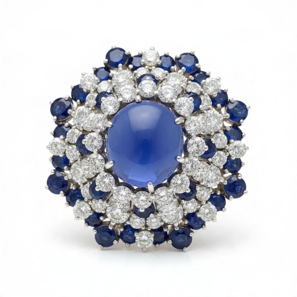 Oscar Heyman Cabochon Sapphire and Diamond Cluster Brooch in Platinum, 1950s