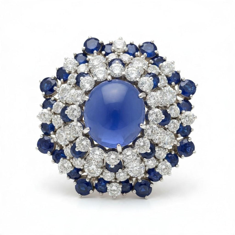 Oscar Heyman Cabochon Sapphire and Diamond Cluster Brooch in Platinum, 1950s