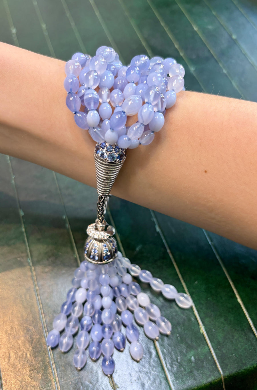 René Boivin Chalcedony, Sapphire and Diamond Tassel Bracelet in 18K White Gold, second view
