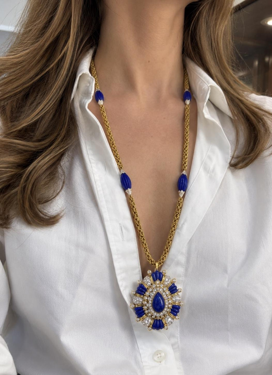 Cartier Lapis Lazuli and Diamond Tassel Necklace in Gold, 1960s, second view