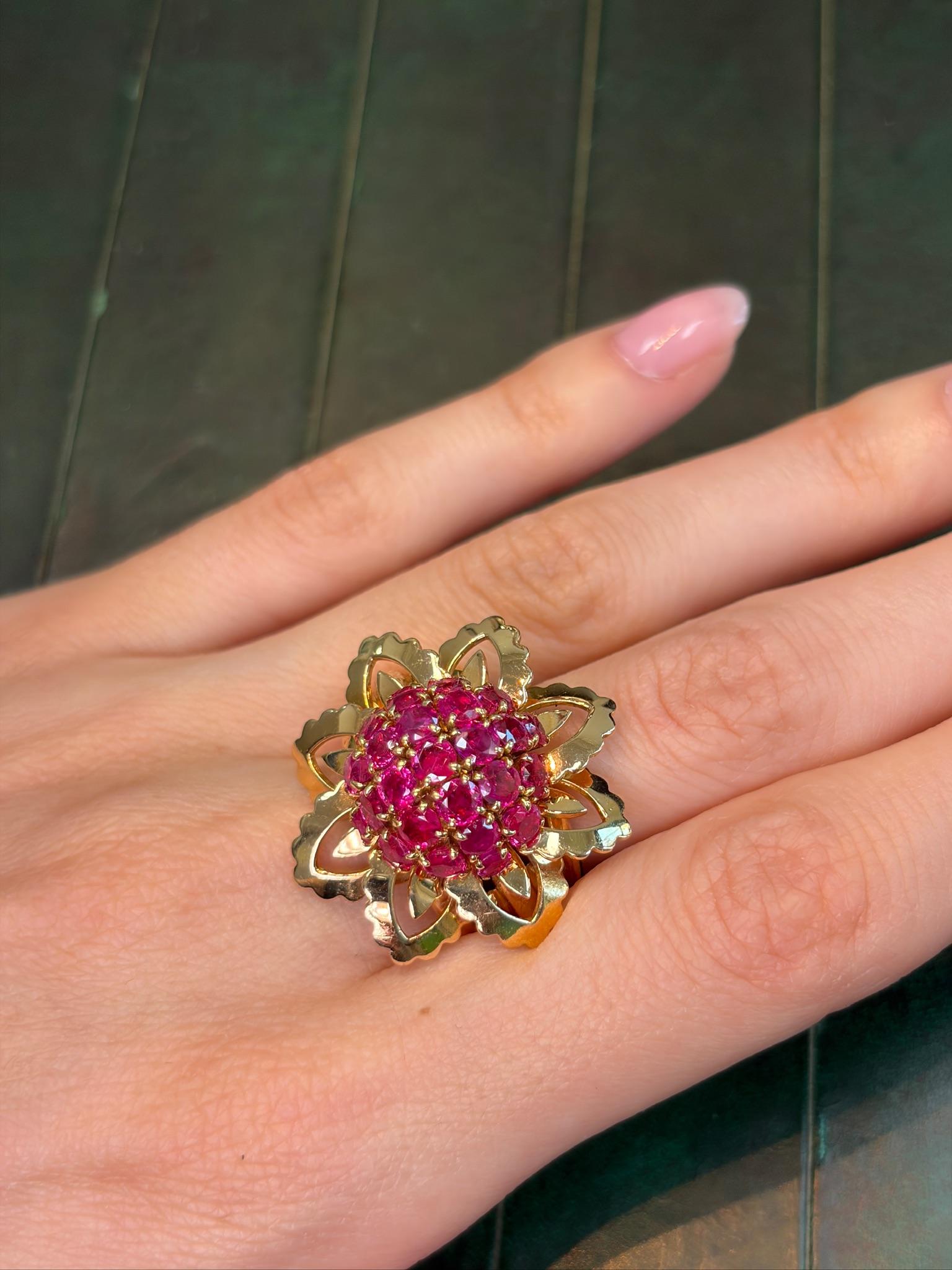 18K Yellow Gold Mauboussin Burma No Heat Ruby Flower Retro Ring