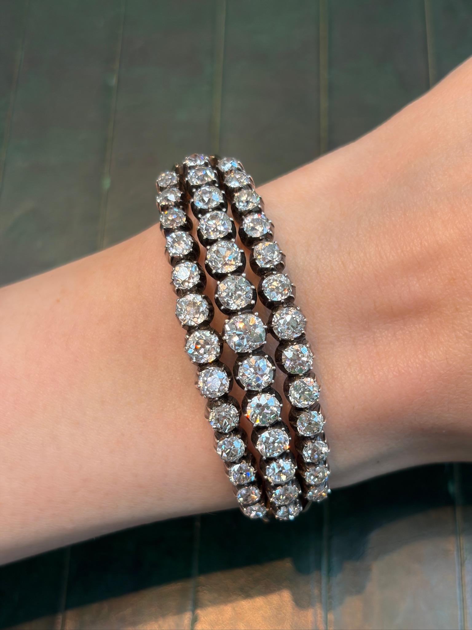 Victorian Old Mine Cut Diamond Three Row Bangle in Silver Topped Gold
