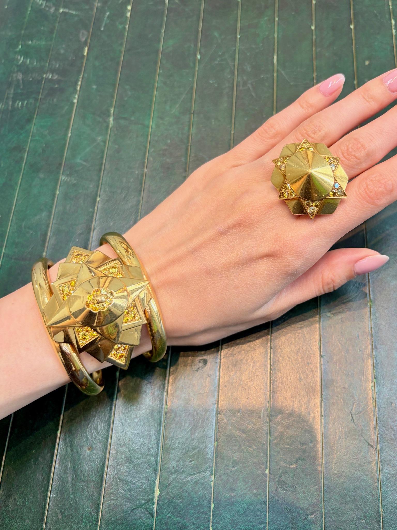 Suzanne Belperron 18K Yellow Gold and Yellow Diamond Cuff and Ring Set