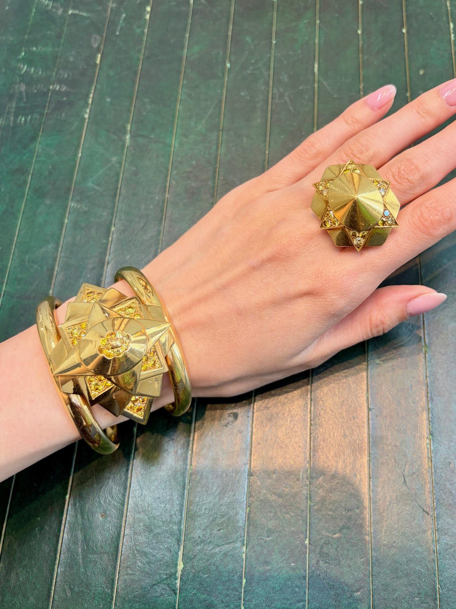 Suzanne Belperron 18K Yellow Gold and Yellow Diamond Cuff and Ring Set, second view