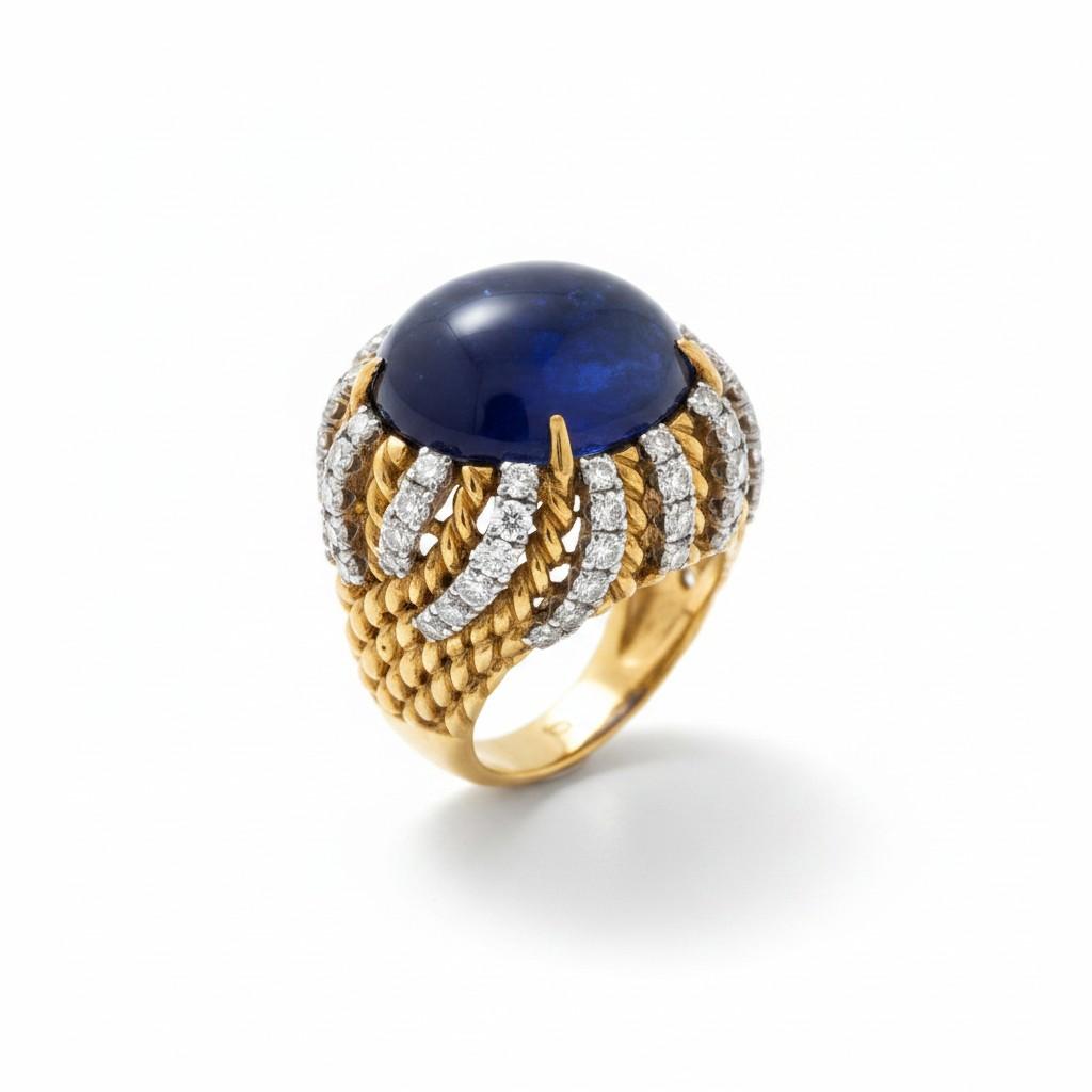 David Webb No-Heat Burmese Sapphire and Diamond Bombe Ring