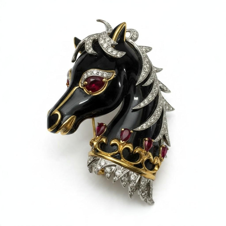 David Webb Diamond, Ruby and Black Enamel Horse Brooch in 18K Yellow Gold, 1970