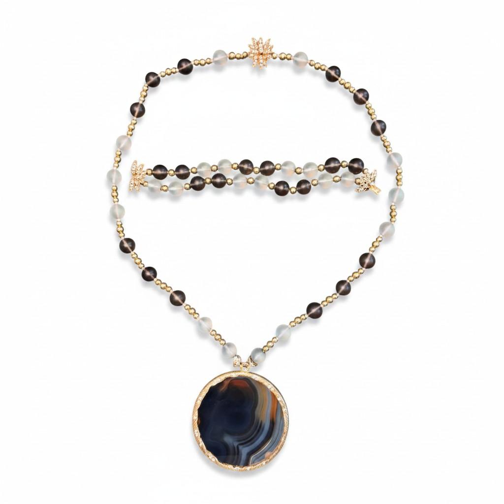 French Agate, Quartz, Diamond and Gold Demi-Parure