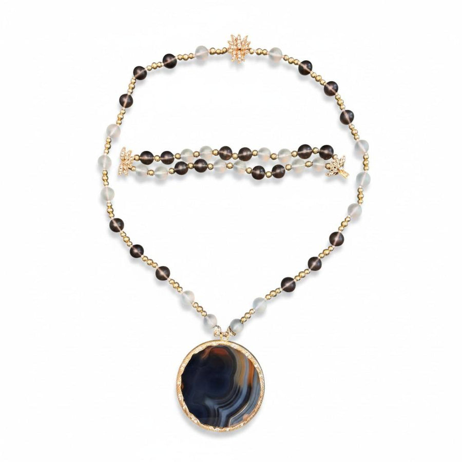 French Agate, Quartz, Diamond and Gold Demi-Parure