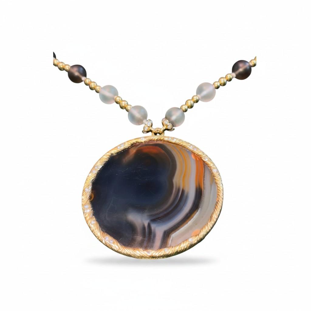 French Agate, Quartz, Diamond and Gold Demi-Parure