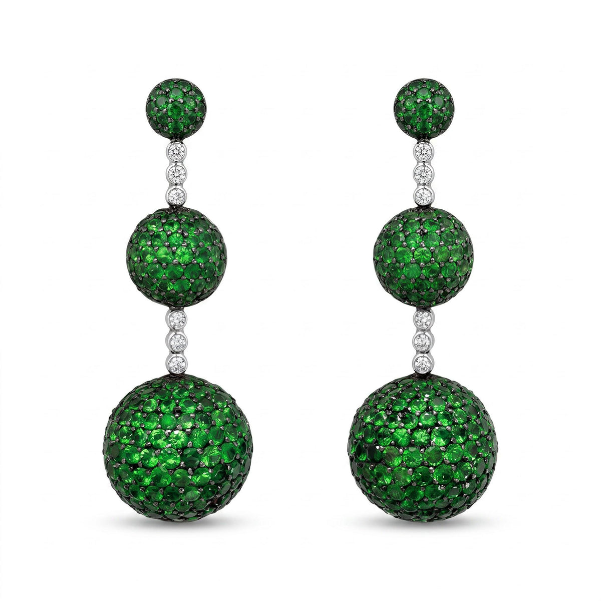 Italian Tsavorite and Diamond Triple Sphere Earrings in 18K Yellow Gold