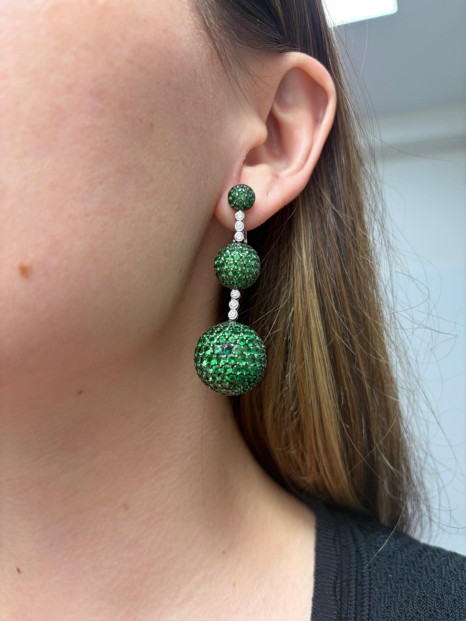 Italian Tsavorite and Diamond Triple Sphere Earrings