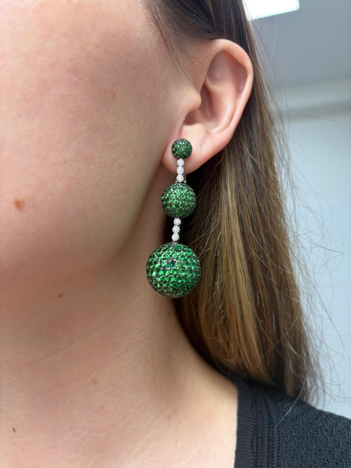 Italian Tsavorite and Diamond Triple Sphere Earrings in 18K Yellow Gold, view 2