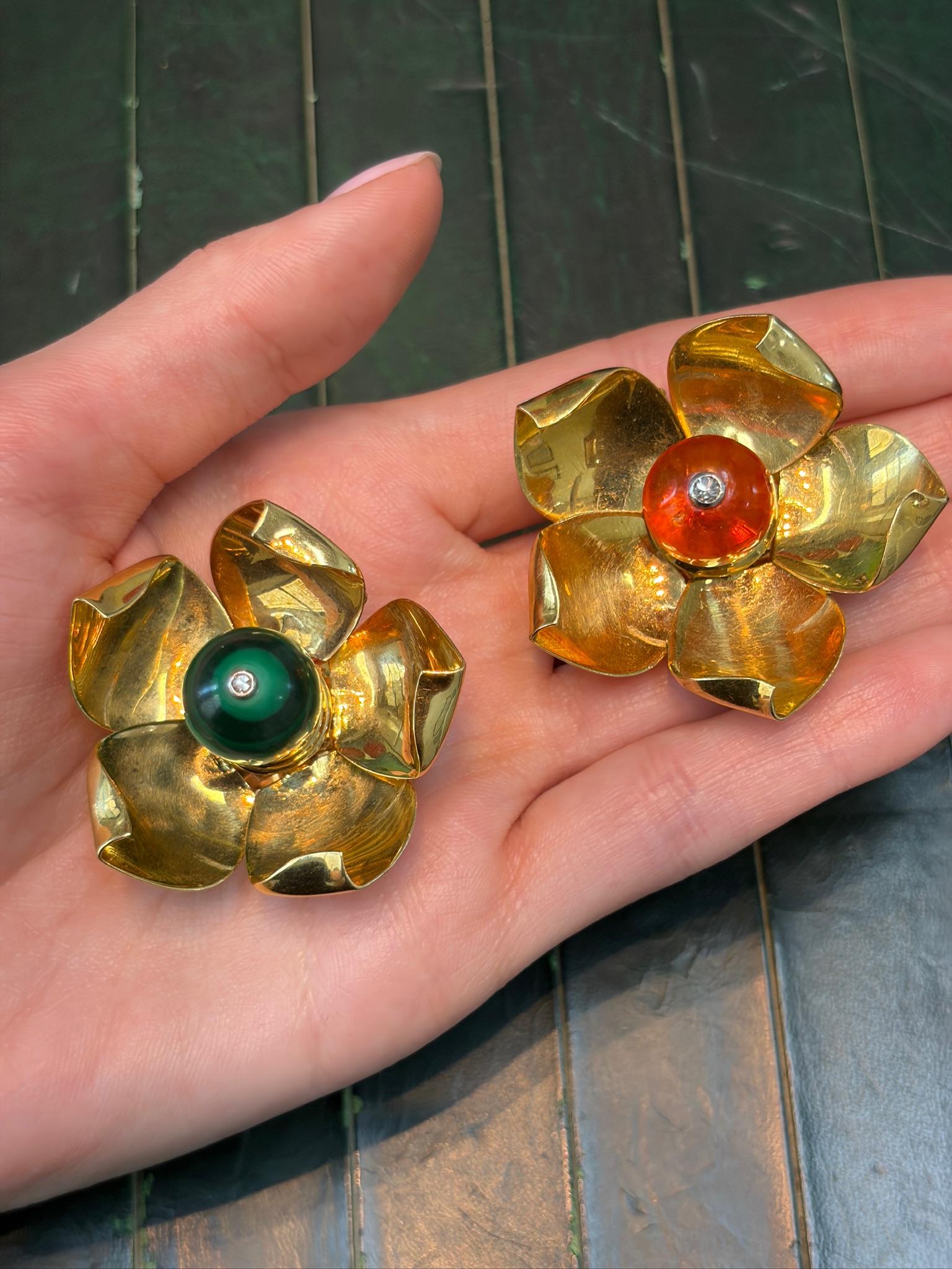 1950s Cartier Malachite and Citrine Flower Brooches