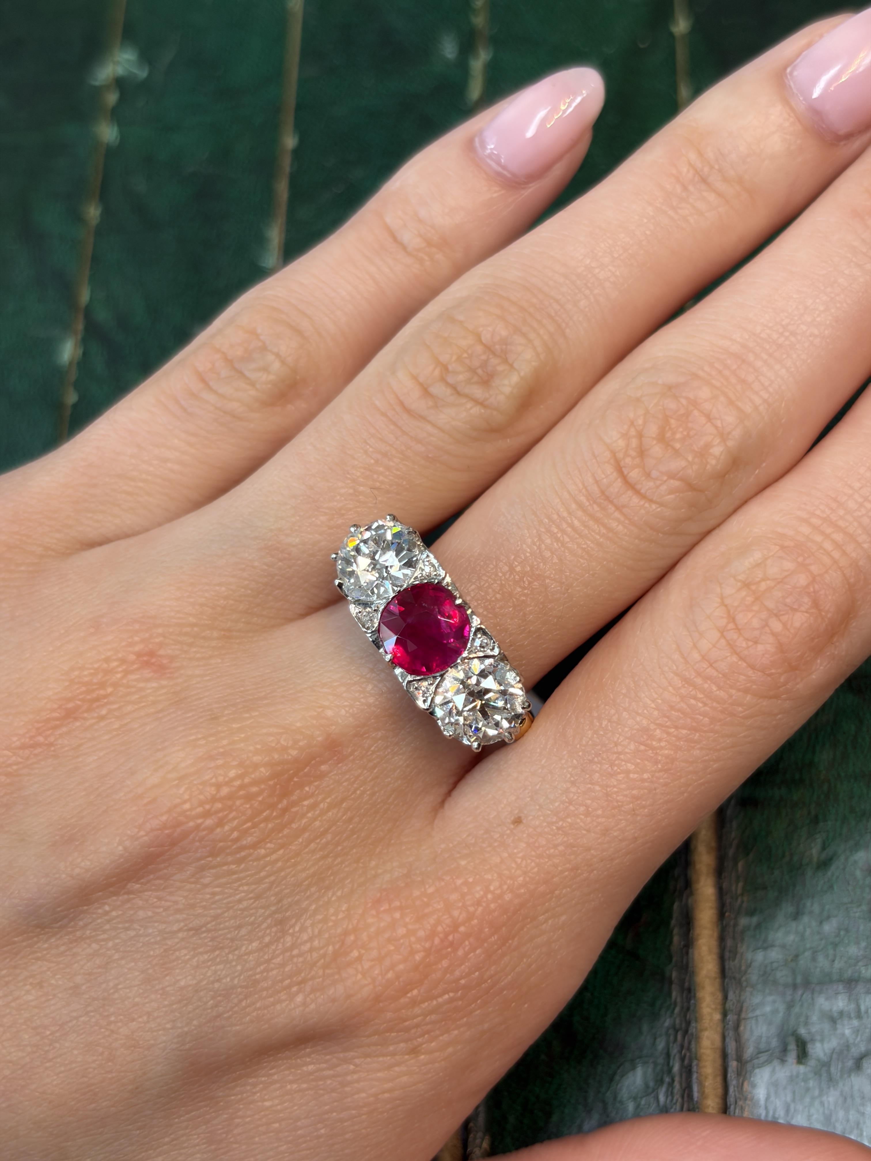 Burma No Heat Ruby and Diamond Three-Stone Ring by Marcus & Co.
