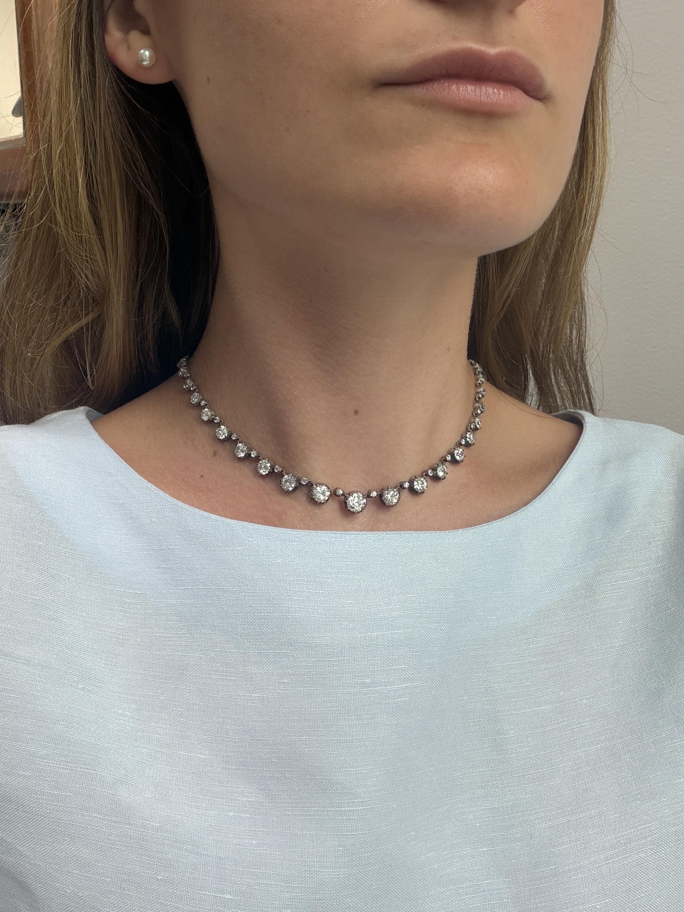 Circa 1850 European Silver-on-Gold Diamond Rivière Necklace