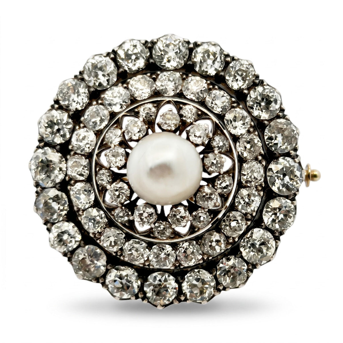 Victorian Natural Pearl and Old Mine Cut Diamond Brooch in Silver-Topped Gold