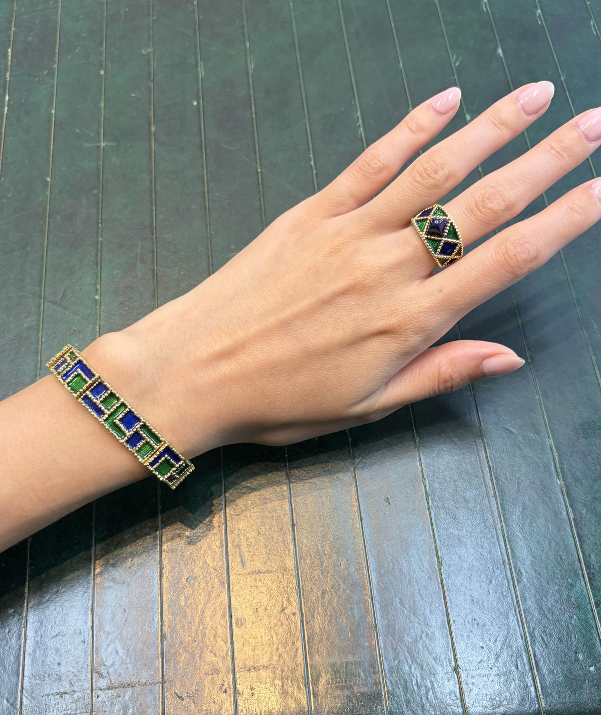 1970s Fred Paris Enamel and 18K Gold Bracelet and Ring Set