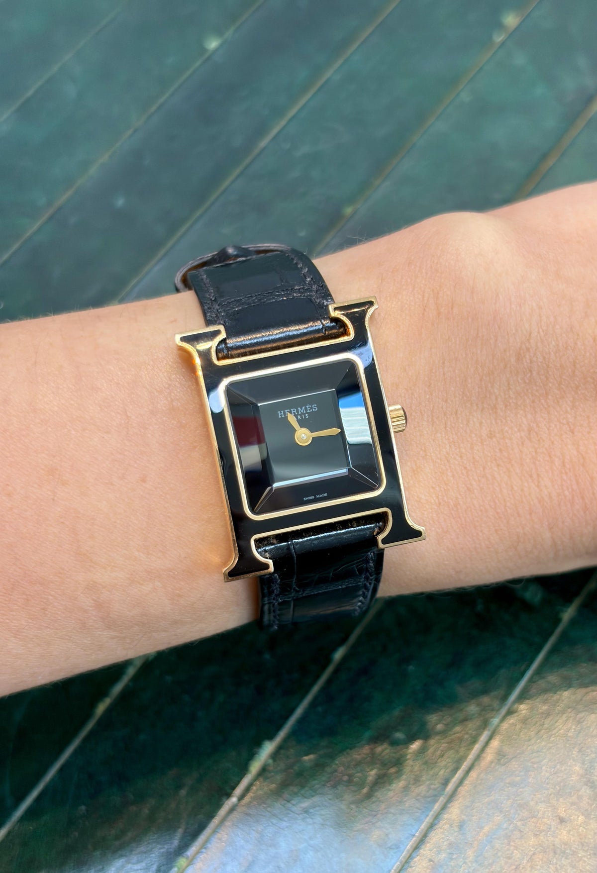 Hermès Heure H Black Enamel Watch in 18K Rose Gold, 1990s, view 2